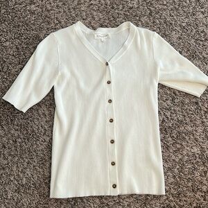 DownEast Ribbed Short Sleeve Button Up Sweater